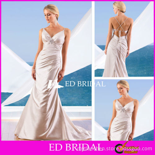 Sheath Lavish Champagne Satin V Neck Spaghetti Straps Criss Cross Back Wedding Dress with Beadwork